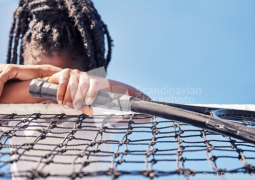 Image of Tennis, sport fail and black woman sad after defeat at game or competition against a blue sky with depression, stress and anxiety. Burnout, tired and mental health of an athlete after loss or mistake