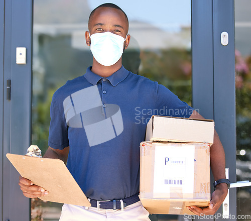 Image of Delivery, black man and covid face mask with a box and clipboard at door for export courier service with safety compliance. Logistics, ecommerce and shipping worker with package during coronavirus