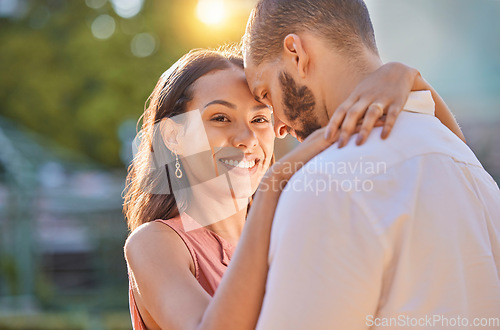 Image of Love, happy and couple hug on vacation for a honeymoon in Brazil, Sao Paulo for relaxing peace and freedom. Smile, travel and young woman hugging her partner enjoying a summer romance on holiday