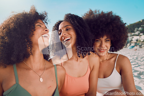 Image of Happy, friends or black woman with smile at the beach for freedom, vacation or holiday in Miami in summer. Travel, fun or group of girls bonding, laughing or comic picnic on sand portrait.