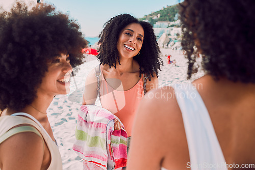 Image of Beach, friends and black woman with summer, travel and holiday vacation together talking of hair care, happy and healthy lifestyle. Youth, gen z and Miami girl or people conversation on ocean sand