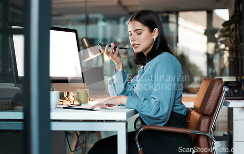 Image of Phone call, woman and computer in office at night with screen, space and mockup, speaker phone and ask siri. Blank, monitor and businesswoman talking phone recording for note, reminder and calendar