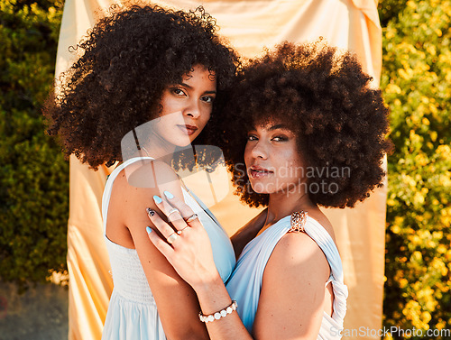 Image of Nature, beauty and portrait of women friends with natural cosmetic makeup in a garden at an event. Cosmetics, organic and girl models with afro from Puerto Rico in a park at a luxury or fancy party.