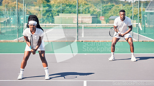 Image of Tennis, sports and portrait of black couple on court for game, competition or match. Doubles partner, fitness and teamwork of tennis players, man and woman training for exercise outdoors on field.