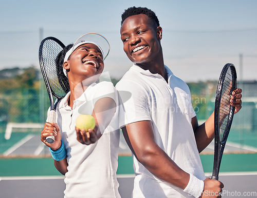 Image of Sports, tennis and black couple with tennis ball on court ready for game, match and training outdoors. Dating, quality time and happy man and woman with racket for fitness, exercise and workout