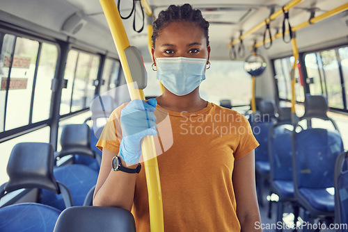 Image of Woman on bus travel, public transport and covid motor transportation of black woman portrait with face mask. Traveling, corona health safety and worker going to work in morning with covid 19 security