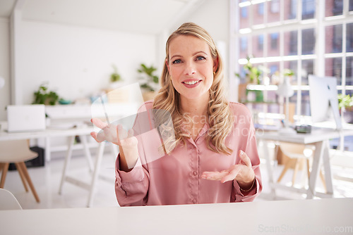 Image of Portrait, hands and business woman with idea in office, explain and discuss vision, goal and mission for startup. Face, hand sign and worker express innovation, strategy and pov planning for company