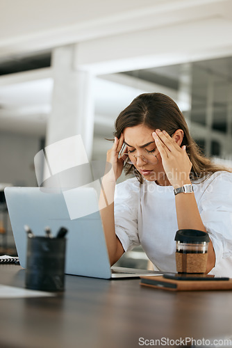 Image of Stress, headache and laptop with business woman for burnout, overworked and anxiety. Mental health, fatigue and depression with tired employee and deadline suffering with problem, fail and mistake