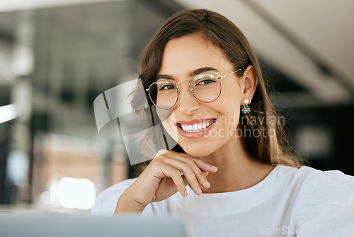 Image of Creative, woman and portrait smile with glasses for vision, career ambition or success at the office. Happy female employee designer face smiling with teeth in happiness or satisfaction at workplace