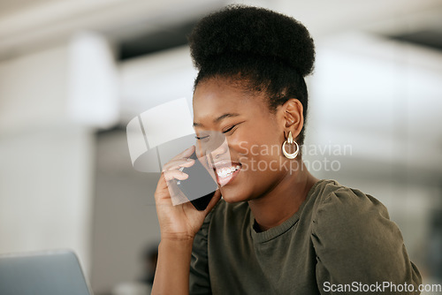 Image of Smartphone, communication and business black woman or Human Resources manager talking for about us, faq and company information. Tech, cellphone and happy african payroll hr for staff management chat