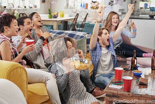 Image of Celebration, diversity and excited people watching tv, global sports event or world cup competition winner. Pride, wow goals and team support energy of social fans streaming game with beer and snacks