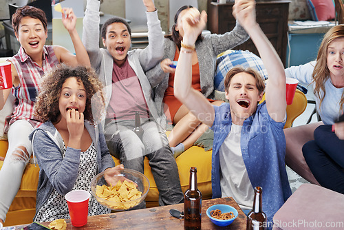 Image of Food, party and watching tv with friends in living room for sports games, winner and goal with global world cup. Diversity, support and wow with soccer fans for television, news and broadcast