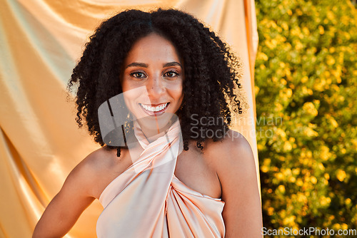 Image of Black woman, face and portrait smile in fashion beauty and style with stylish clothing outdoors in a garden. African American female, model stylist or designer smiling in fashionable joy with beauty