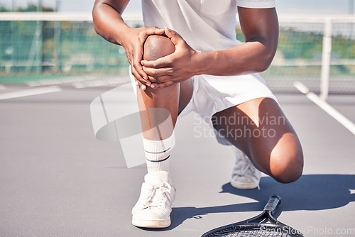 Image of Tennis, hands and knee in sports injury, accident or bruise holding painful area for medical emergency on the court. Hand of tennis player suffering from sore leg, fall or joint inflammation outside