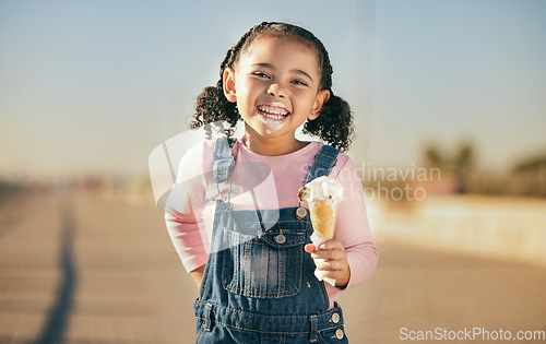 Image of Summer, ice cream and happy portrait of child with smile and dripping face walking on street. Happiness, dessert and small girl laughing with ice cream cone and messy mouth, fun and enjoying holiday.