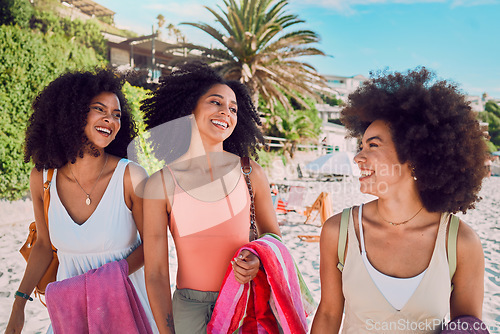 Image of Black woman, sun and friends on beach in summer for outdoor break, holiday and happiness. Travel, smile and vacation women enjoying Los Angeles sunshine together on wellness walk in sand.