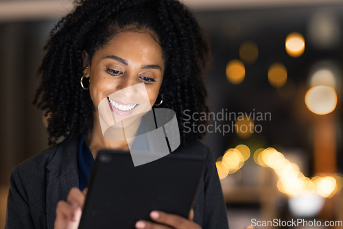 Image of Business woman, tablet and smile for communication, chatting or browsing in design or research at the office. Female employee designer working on touchscreen in online marketing or web advertising