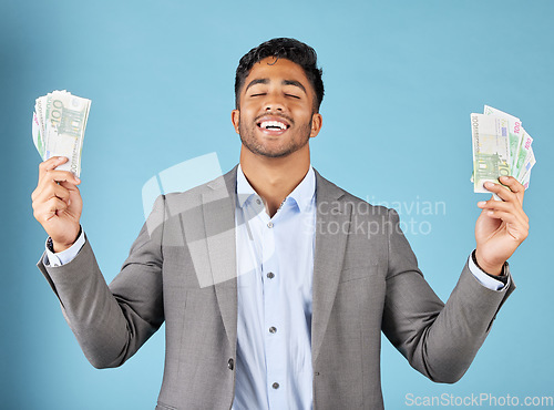 Image of Happy businessman, cash and money on studio background, euro finance and profit from economy, financial freedom and bonus income. Wealth, winner and deal of rich entrepreneur, investment and success