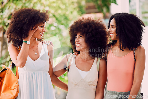 Image of Girl friends, black women and happy hug of people together with friend and bonding outdoor. Funny, vacation and smile of a black woman with happiness laughing in the summer sunshine feeling peace