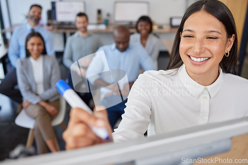 Image of Businesswoman leadership, whiteboard writing and presentation, marketing team and kpi sales strategy, feedback review or office planning. Young female worker, workshop meeting and brainstorming goals