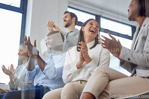 Image of Clapping, applause and business people in a meeting in celebration of success, goal or achievement. Diversity, collaboration and team celebrating successful teamwork project in corporate office.