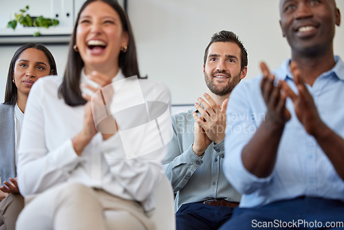 Image of Seminar, applause and diversity with a business team clapping during a meeting for coaching or training. Conference, collaboration and presentation with a crowd applauding in an office boardroom