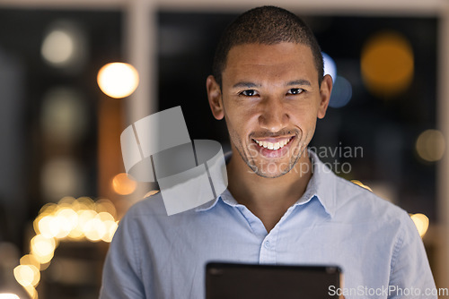 Image of Business man, tablet and happy portrait of a digital fintech employee at night with a smile. Finance project management worker with technology and happiness working on financial software and project