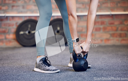 Image of Kettlebell training, exercise and woman hands, weightlifting and fitness, workout and sports challenge in gym. Closeup female athlete, body builder and deadlift with heavy weights, wellness and power