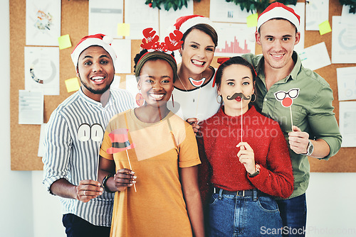 Image of Group of business people, christmas portrait and celebrate festive together in interracial compamy office. Diversity, christmas party and small business team or smile for comic holiday celebration