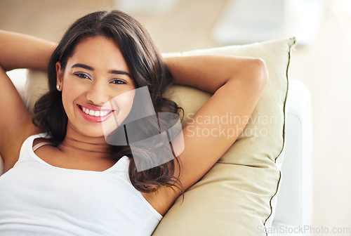 Image of Portrait of woman relax on living room sofa for rest, health and beauty sleep for mindset peace, wellness and easy calm. Smile, lounge couch and face of happy girl sleeping on home apartment pillow