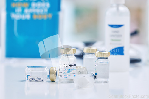 Image of Covid, vaccine and health with medicine and healthcare, safety from Covid 19 disease and medication for virus. Health care innovation, liquid and bottle with vaccination and immunization from corona.