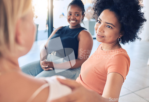 Image of Empathy, support and counseling with people in therapy meeting for psychology, depression and community. Mental health, healing and difficult with friends in workshop session for advice and help