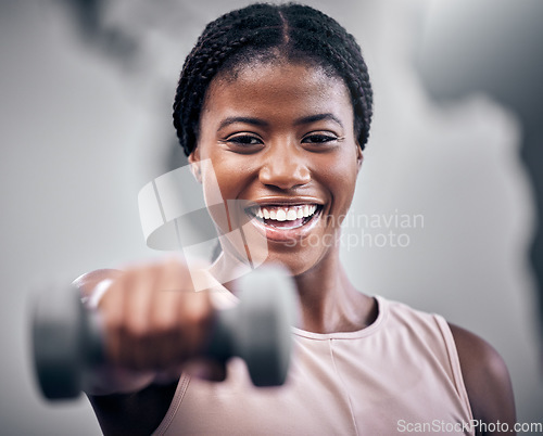 Image of Dumbbell, fitness and black woman in portrait for muscle, power and energy in wellness training mockup. Happy strong sports, athlete and gym girl or african in challenge exercise or workout headshot