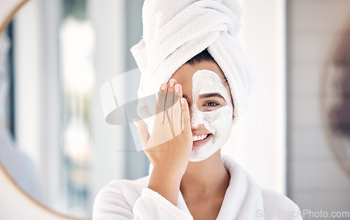 Image of Woman, face mask or hands in skincare spa treatment, home self care or healthcare wellness for acne, collagen or dermatology. Portrait, smile or happy person with cream product or house chemical peel