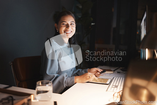 Image of Tablet, credit card or woman with online shopping payment in office for investment, web audit or product purchase at night. Happy, ecommerce or employee with smile for trading, invest or banking