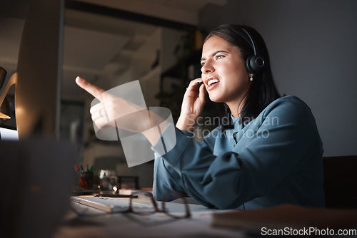 Image of Confused, call center and business woman at night for global virtual IT, technology support or system problem solving. 404 error, fail and computer software update of corporate manager in dark office