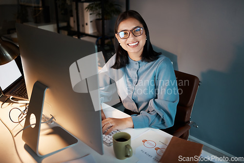 Image of Cyber, hacker or business woman with computer for futuristic cybersecurity, research or blockchain tech at night. Happy IT girl, data analysis or crypto investment for stock market or bitcoin
