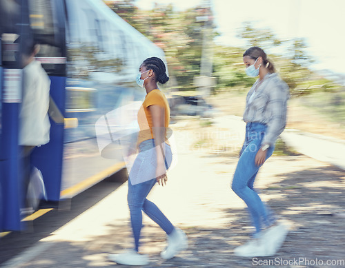 Image of Bus for travel, covid and face mask for transportation with women in street, social distancing and health in urban city. Public transport, commute and health care with covid 19 compliance and safety.