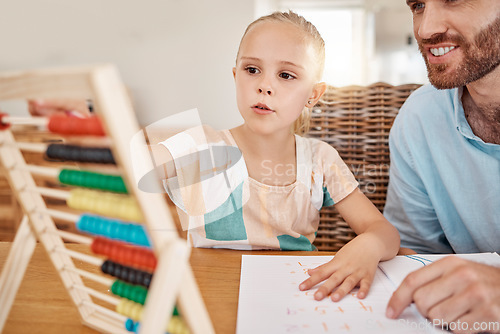 Image of Education, teaching and learning girl with dad with abacus counting during homeschool class in the living room. Happy family bonding with educational game with man and girl learn math and numbers