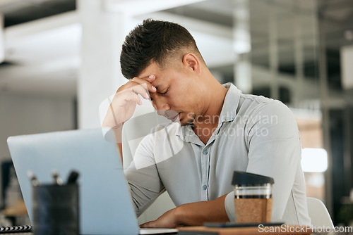 Image of Headache, laptop and man with stress, anxiety and suffer from burnout, internet browse and office. Young male, upset entrepreneur and tired business owner with issues with planning and mental health.