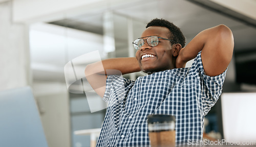 Image of Business black man relax at his office desk for finance, sales and company development, startup success or kpi achievement. Stretching businessman happy for career, job productivity or online review