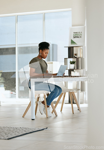 Image of Black woman, laptop and working in home office for startup business entrepreneur, work from home expert or remote research manager. African girl, typing email or seo employee on computer at home
