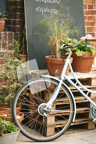 Image of Bicycle, cafe and small business outdoor restaurant or coffee shop for background in Paris with decoration, plants and menu board. Bike, carbon footprint and street, terrace or patio with wheel