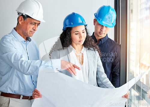 Image of Architecture, blueprint and business people teamwork, planning building development and civil engineering project for safety check. Floor plan paper, corporate contractor and construction strategy