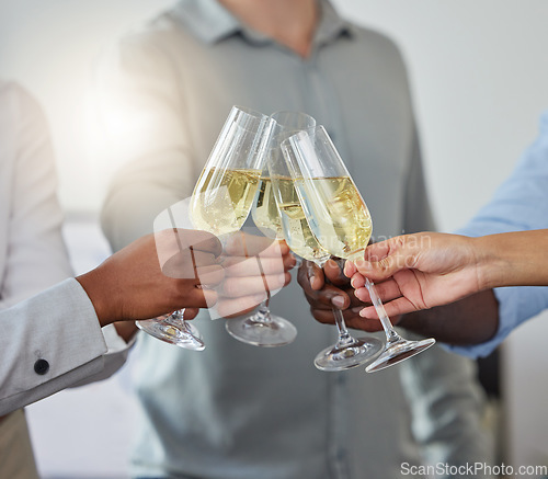 Image of Business people hands, wine glass and cheers celebration at office party. Closeup group of workers toast to celebrate for champagne, drink and alcohol at social gathering, success and congratulations