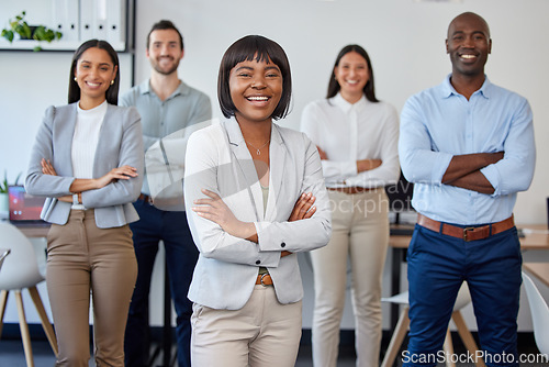 Image of Black woman, leadership and portrait of business people with arms crossed in office. Teamwork, collaboration and happy group of employees working together for targets, goals or success in workplace.