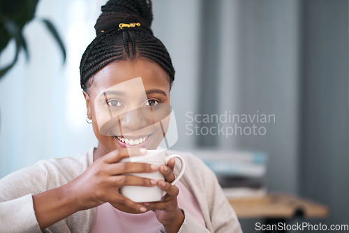 Image of Relax, coffee and smile with portrait of black woman for content, weekend and lounge at home. Happy, break and lifestyle with girl in living room and mug of tea for peace, beverage and comfortable