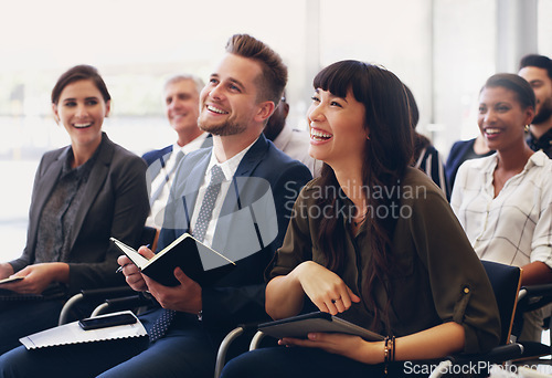 Image of Diversity, happy or business people in workshop success presentation, business meeting or company seminar. Teamwork, collaboration and startup worker with smile for tradeshow or conference audience