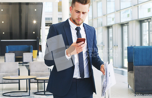 Image of Phone, reading and business man check investment growth of stock market trading, cryptocurrency or financial economy. Documents, building lobby and trader review bitcoin, nft or forex data analytics