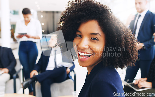 Image of Smile, happy and portrait of black woman at startup meeting for corporate workshop, diversity and networking project. Teamwork, confident and proud afro woman in lounge with men and women in office.